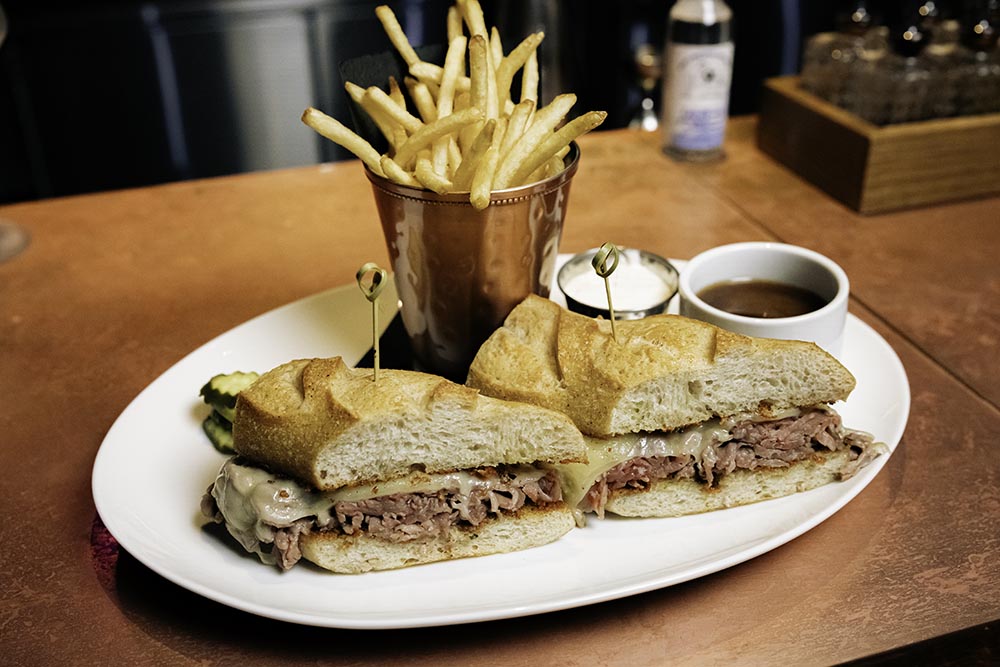 roast sandwich with cheese and fries